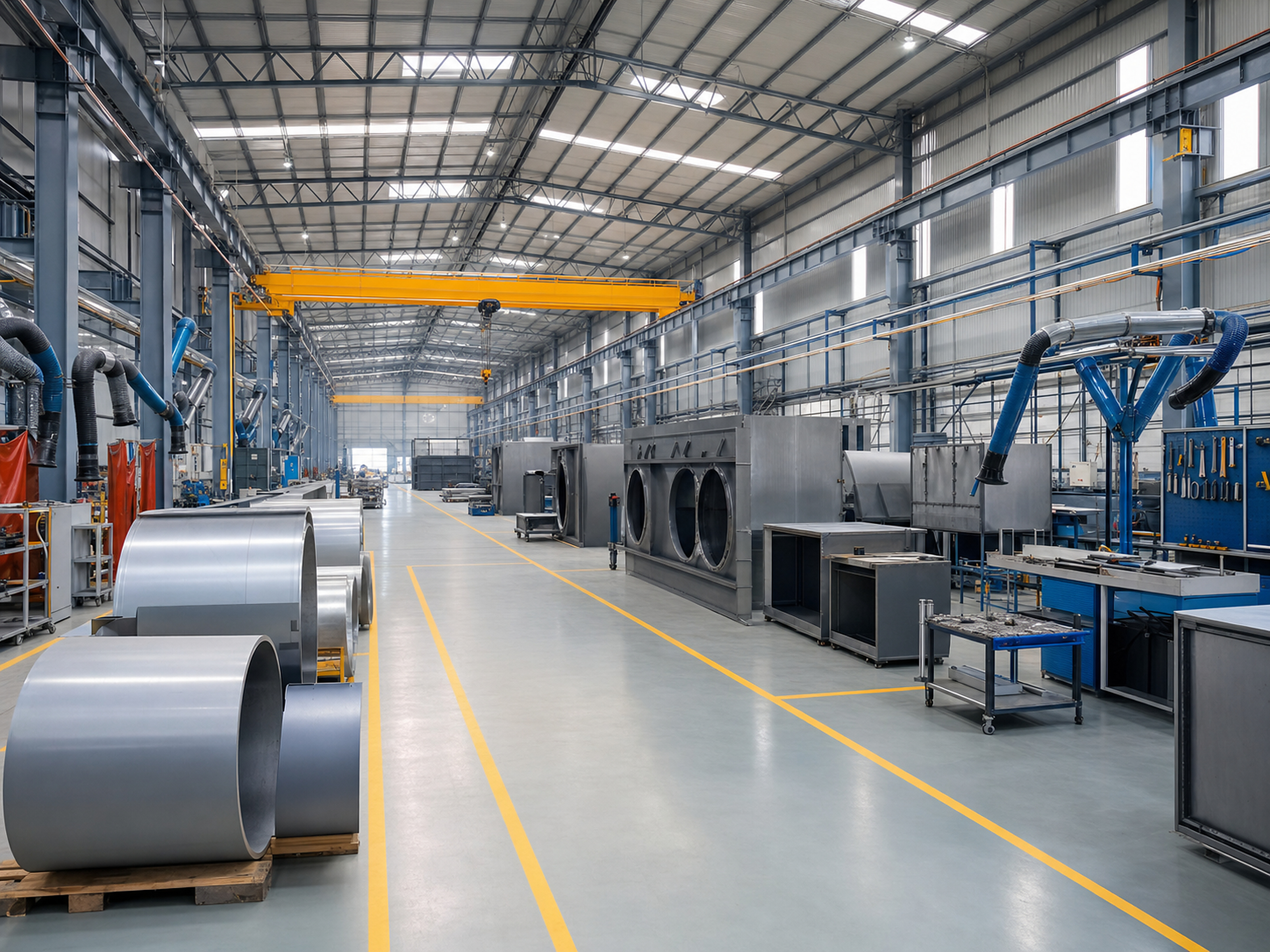 SBVT fabrication workshop with ducting sections, blower housings and overhead crane
