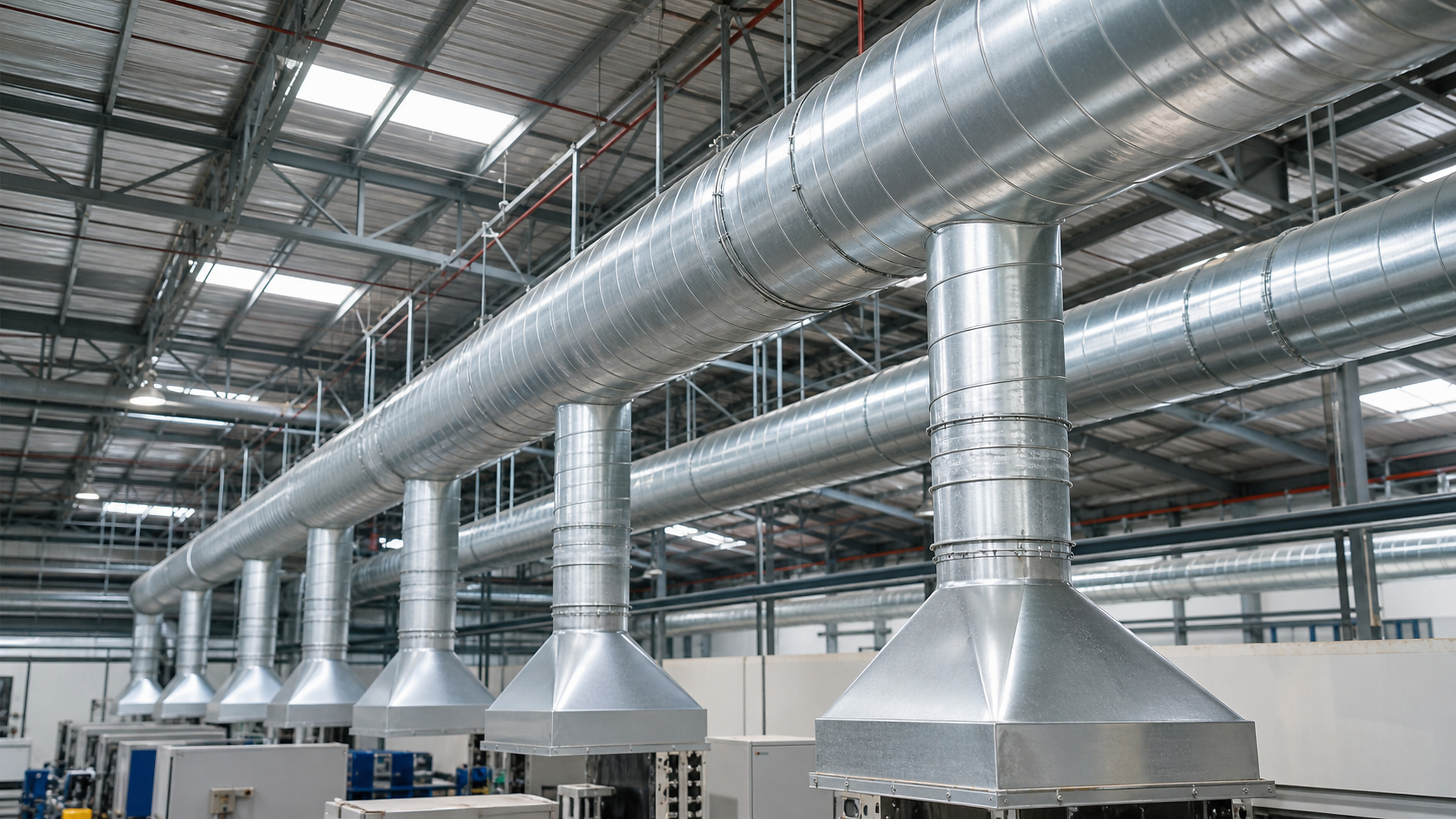 Overhead fume exhaust ducting and capture hoods running the length of a workshop