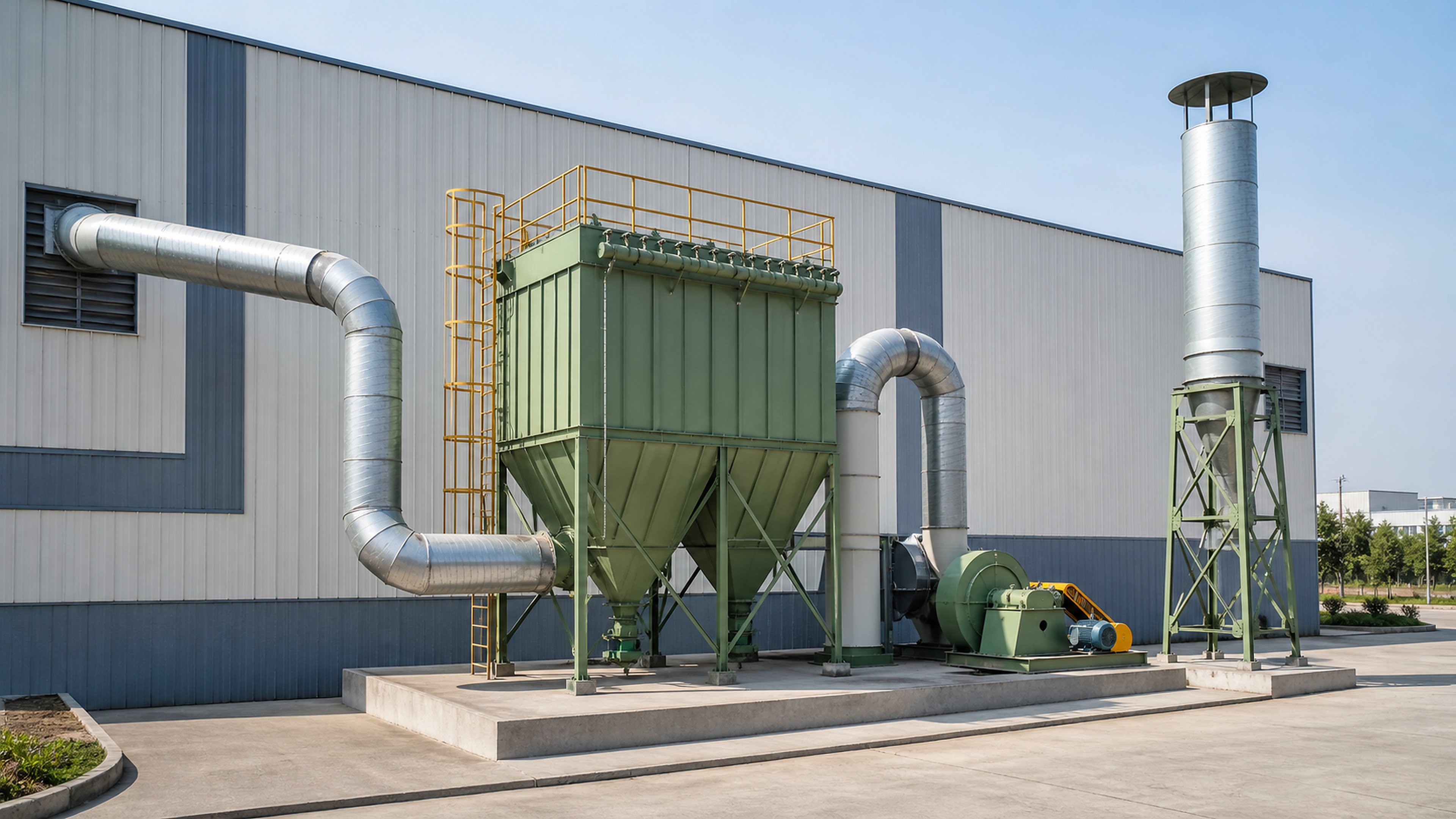 Complete SBVT dust collection installation with collector, blower and exhaust stack outside a factory