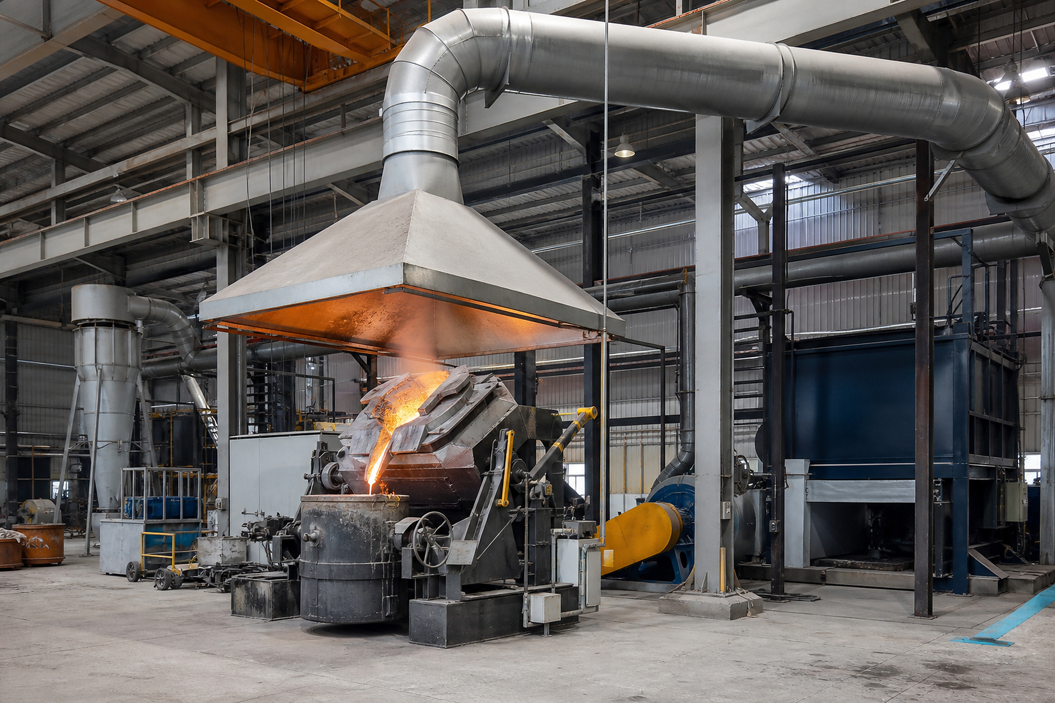 Foundry pouring molten metal beneath a large fume capture hood and ducting