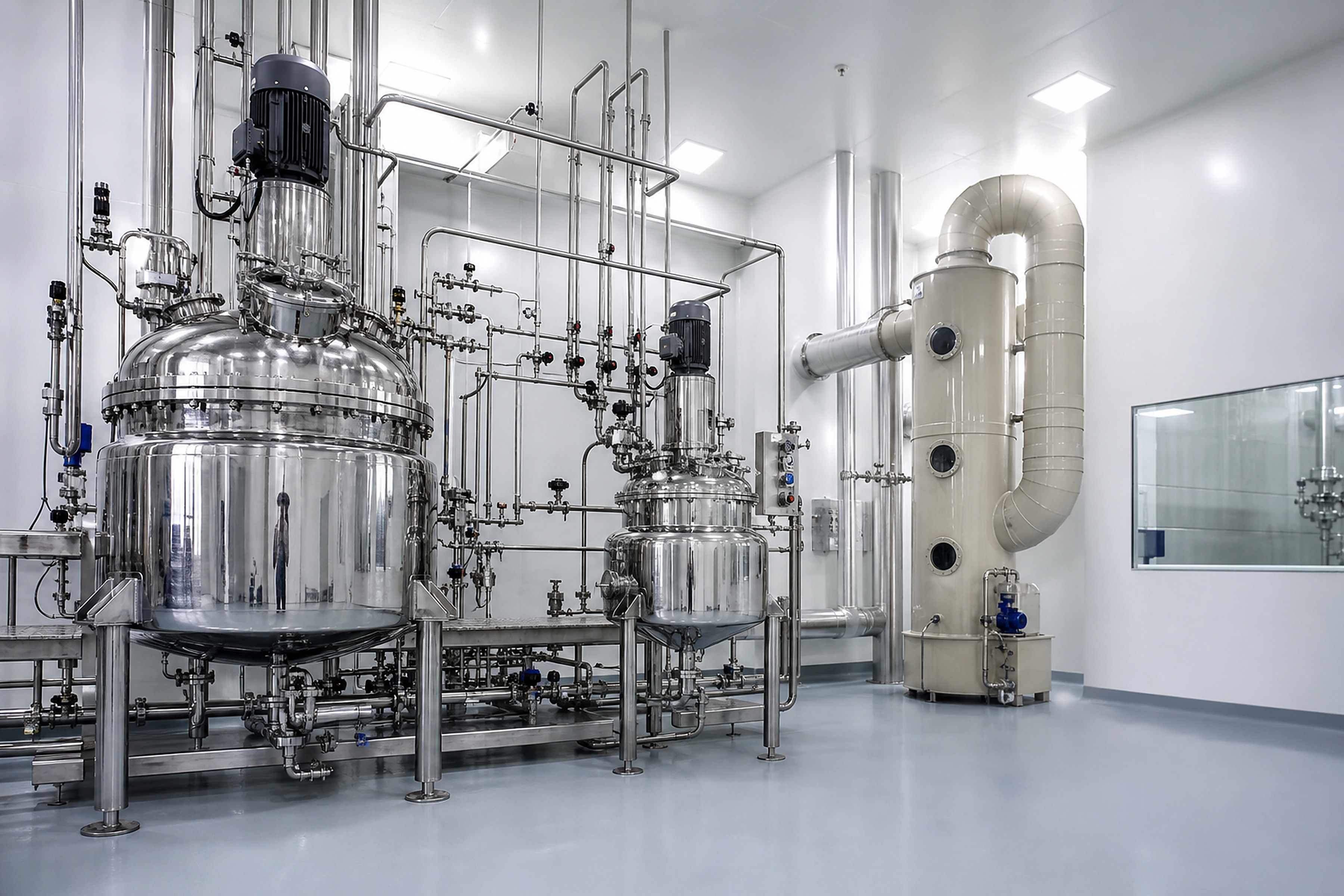 Stainless steel pharmaceutical reactor vessels with a gas scrubber column