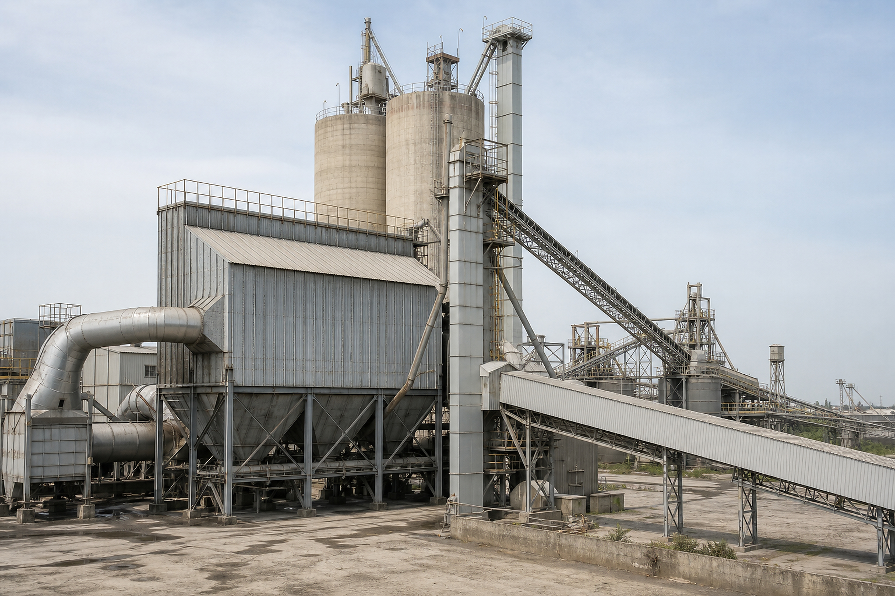 Cement plant silos with a large baghouse dust collector and conveyors