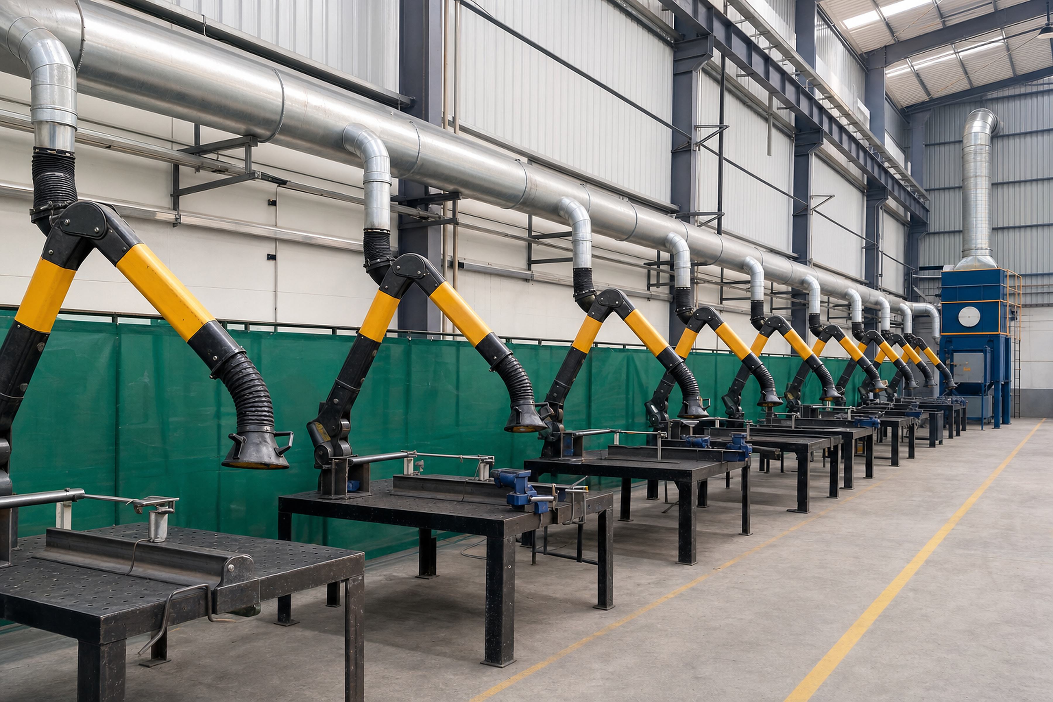 Row of welding benches with articulated fume extraction arms in a fabrication shop