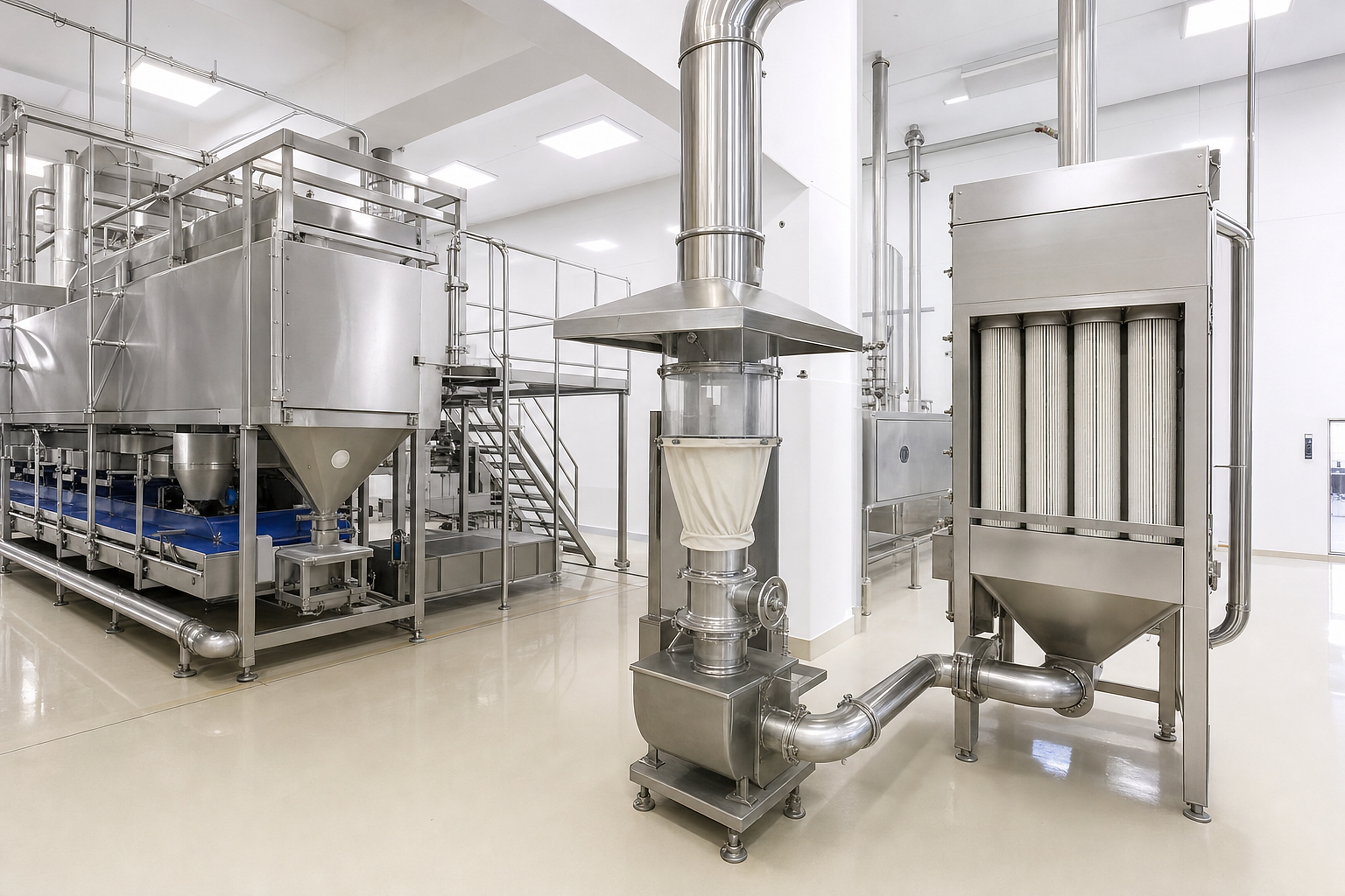 Hygienic food processing line with stainless dust extraction and cartridge filter unit