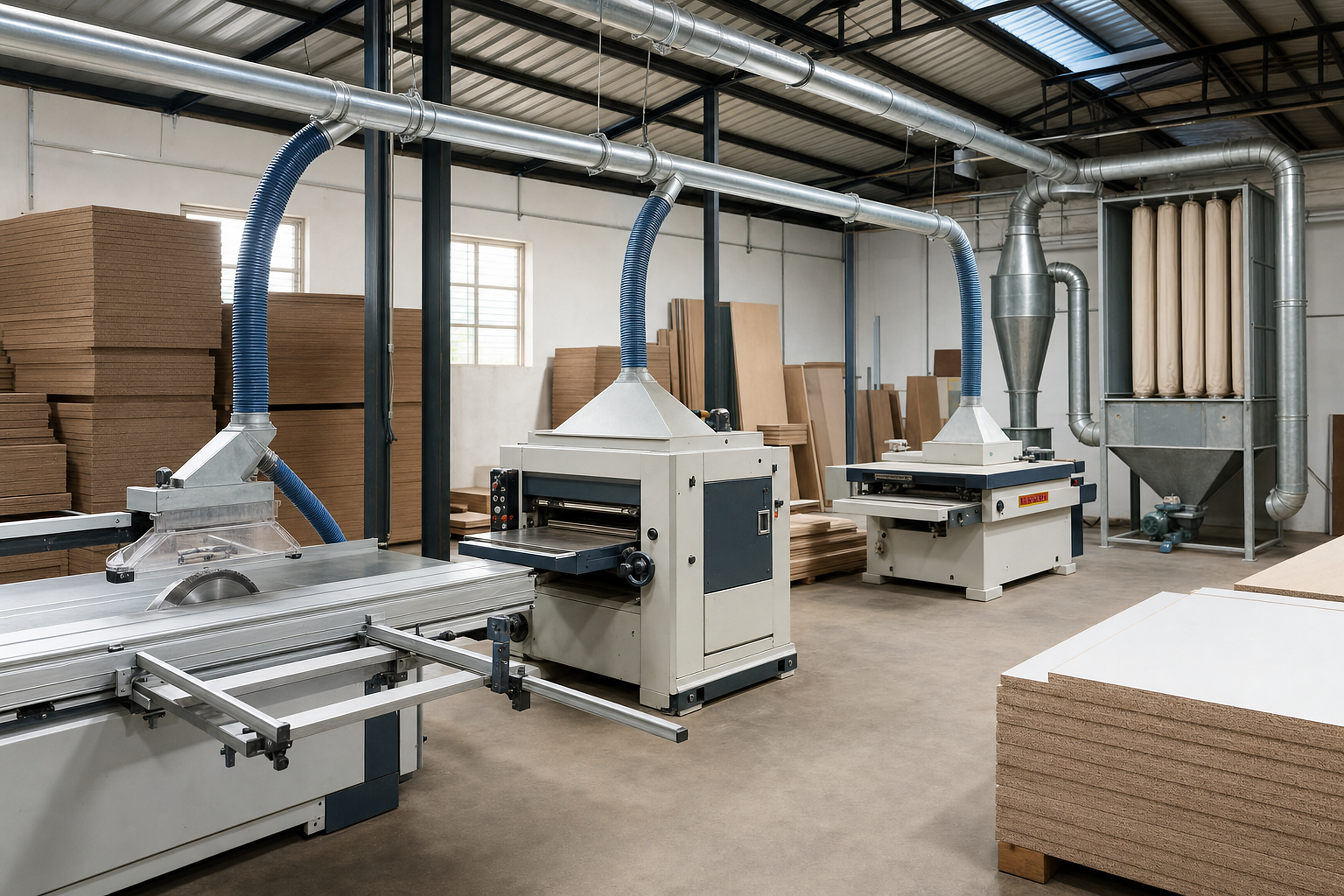 Woodworking shop with saw dust extraction hoods, cyclone and bag filter