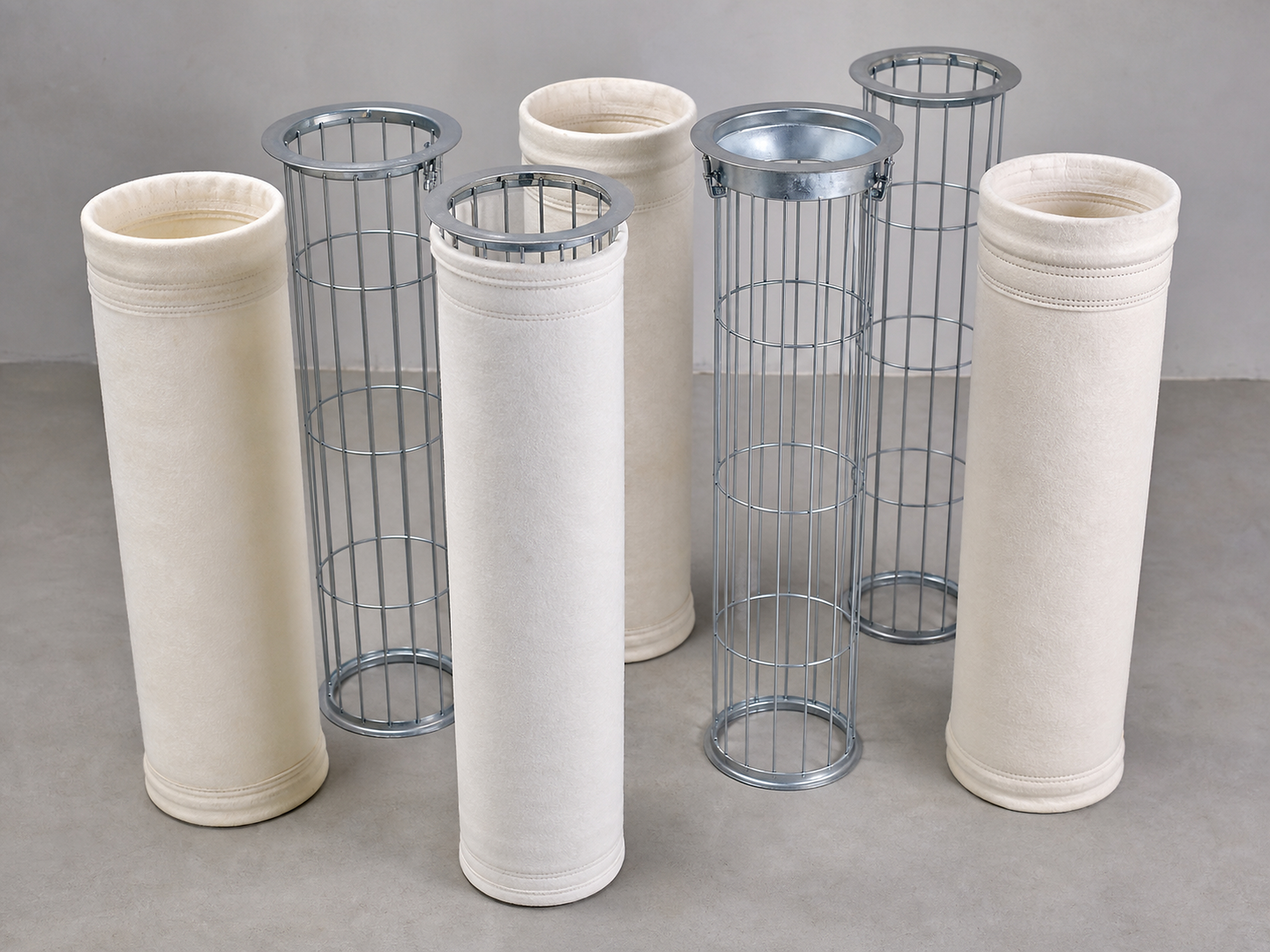 Felt filter bags alongside galvanised steel support cages