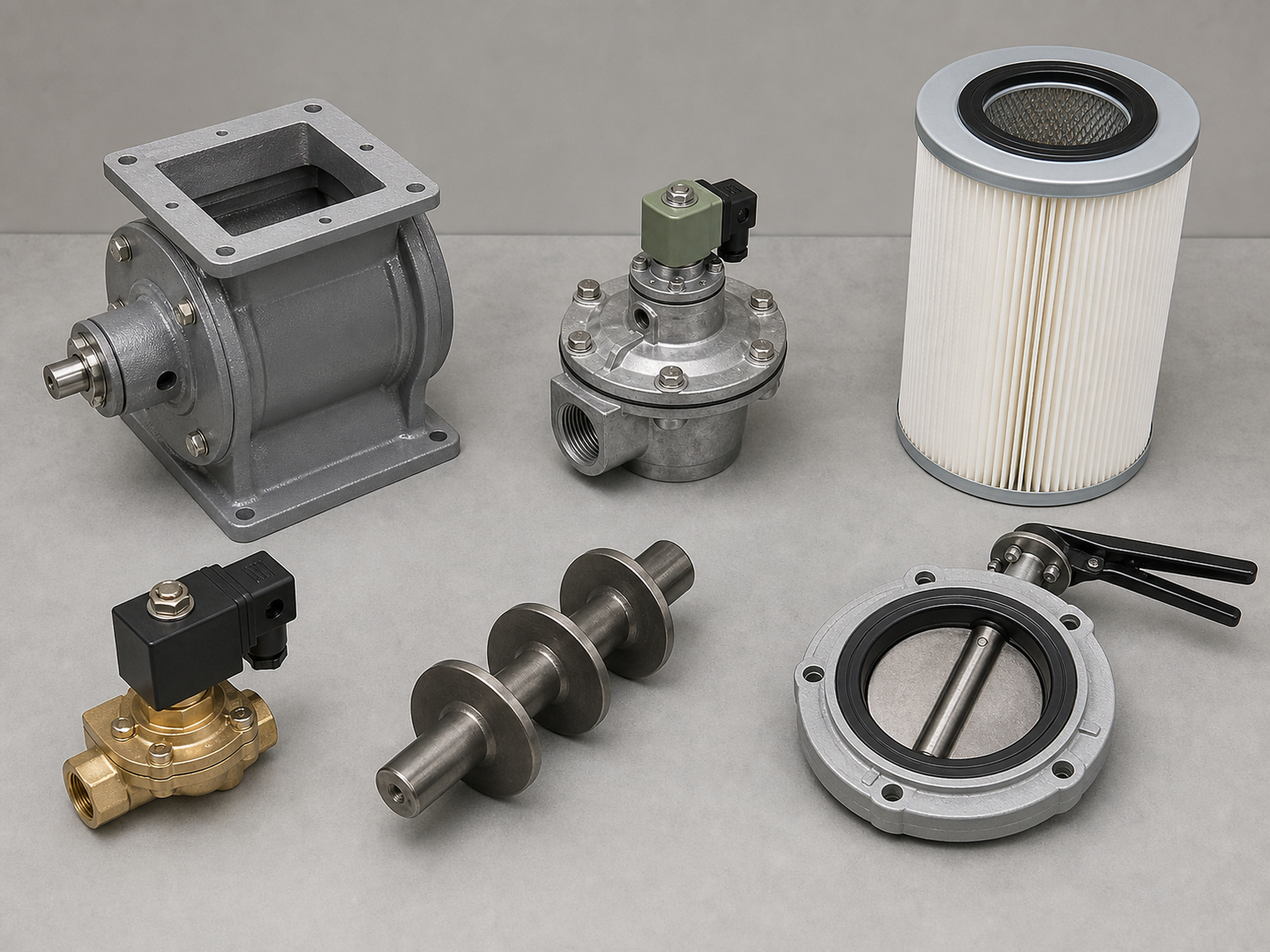 Rotary air valve, solenoid valves, cartridge filter, screw conveyor shaft and butterfly damper