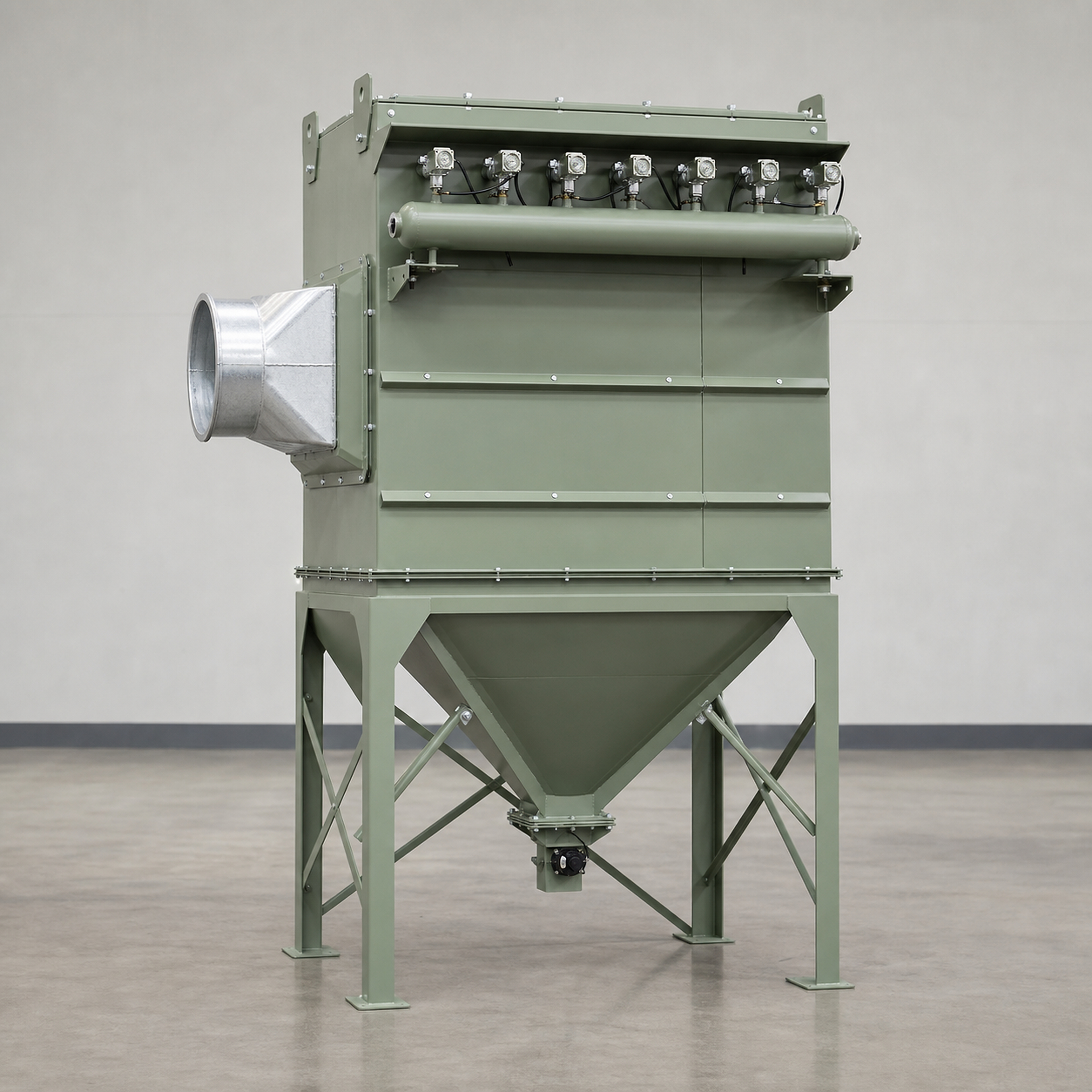 Bag filter dust collection system with pulse valves and discharge hopper