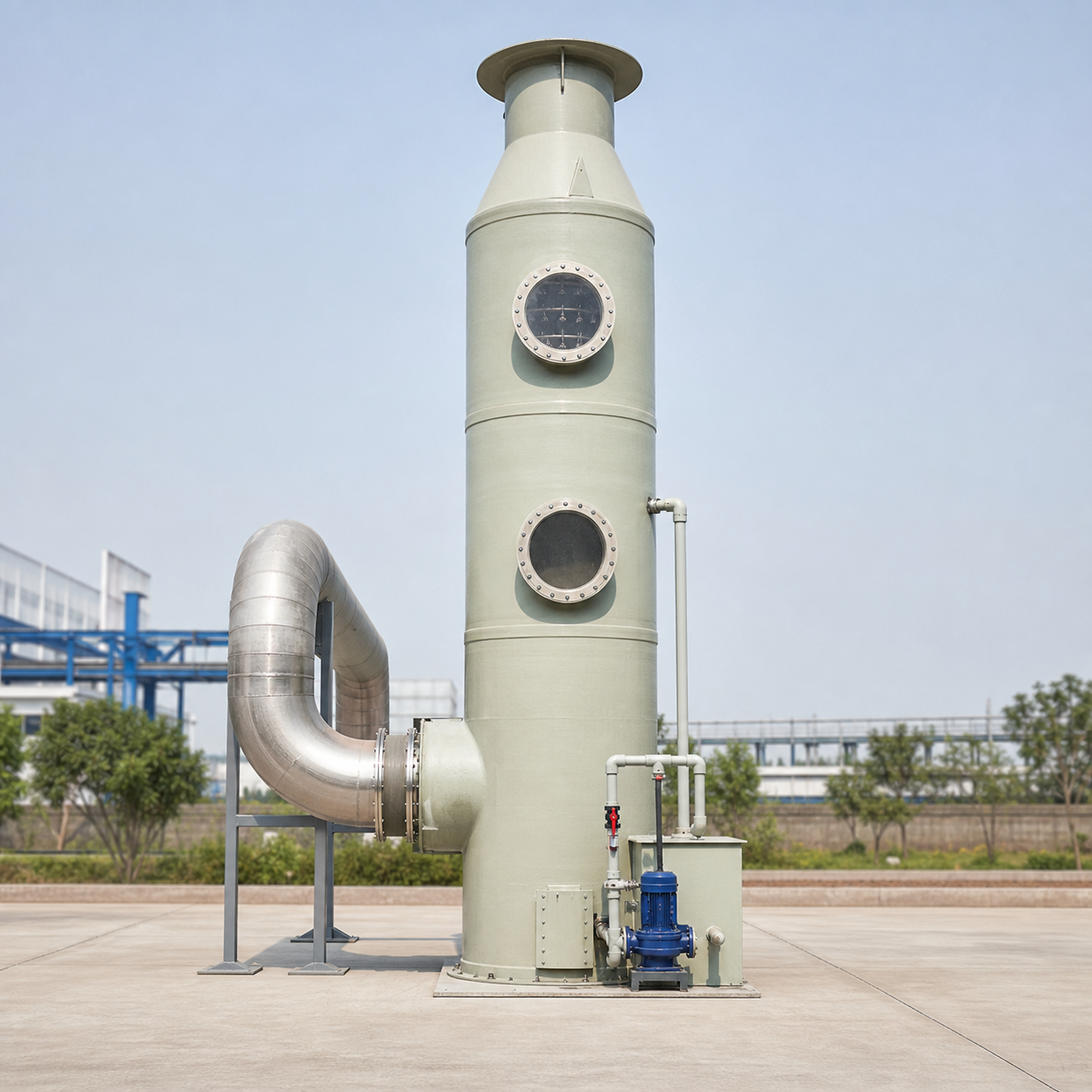 Vertical wet scrubber tower with recirculation pump and outlet stack