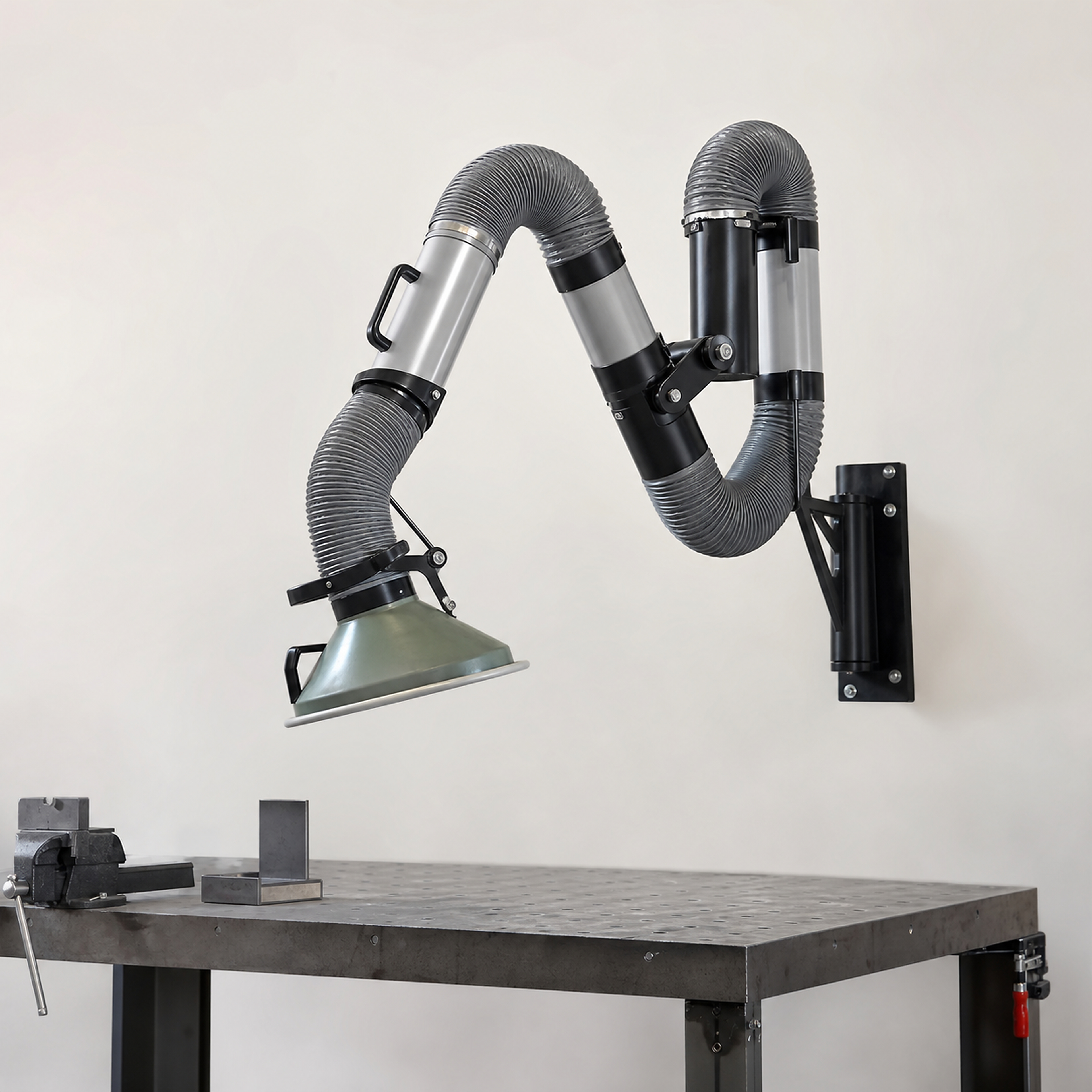 Articulated fume extraction arm mounted above a welding workbench