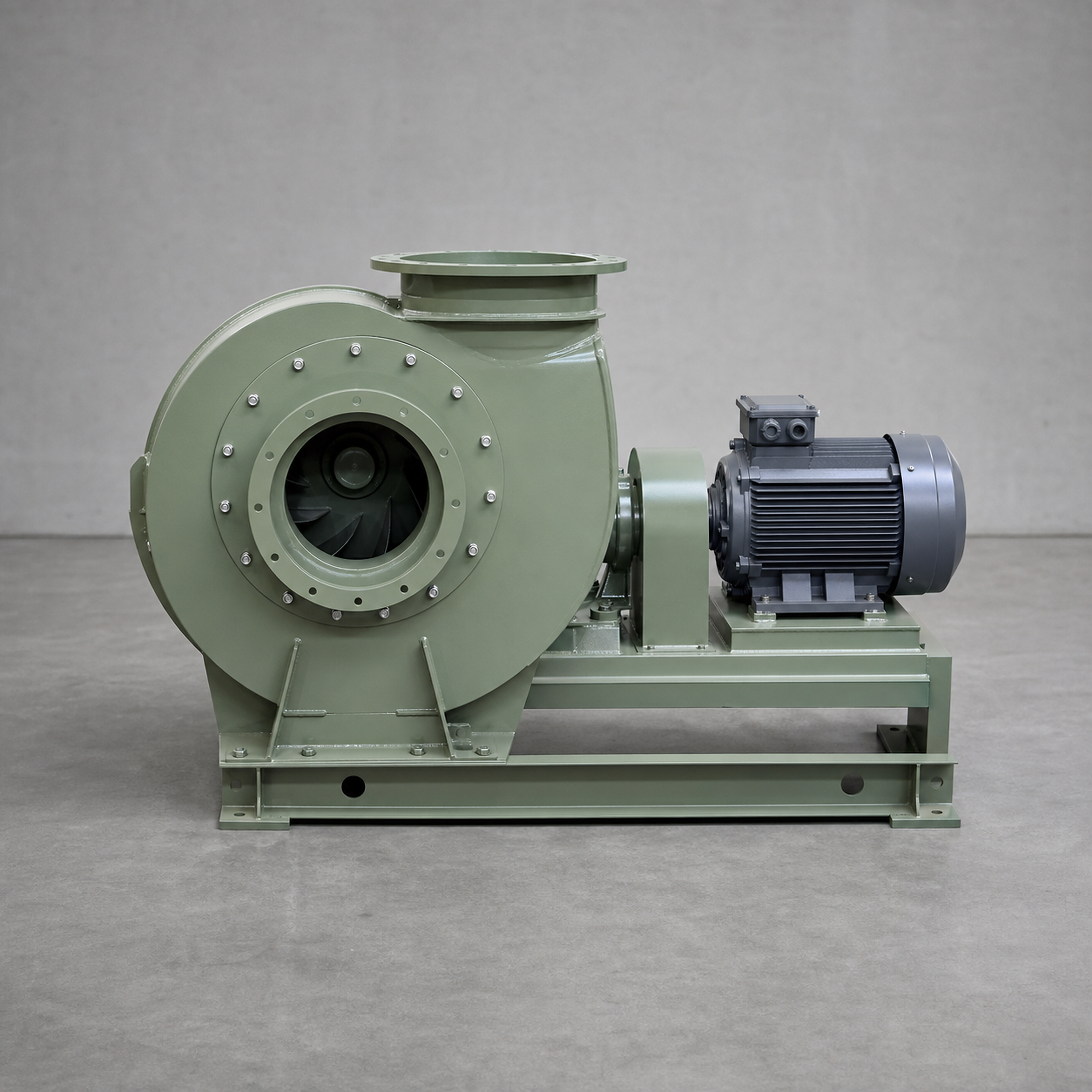 Centrifugal industrial blower on a fabricated base frame with electric motor